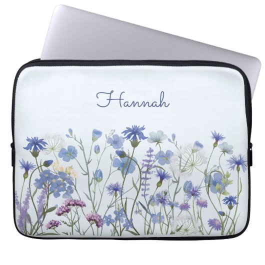 Monogrammed Blauwe Waterverf Wildflower Garden Laptop Sleeve (Voorkant)