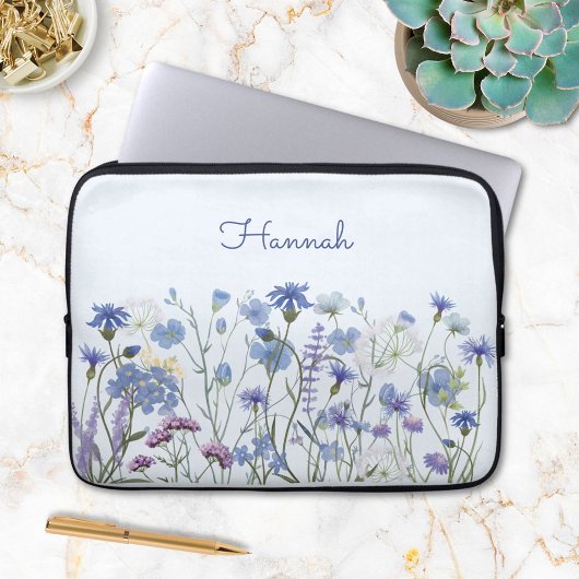 Monogrammed Blauwe Waterverf Wildflower Garden Laptop Sleeve