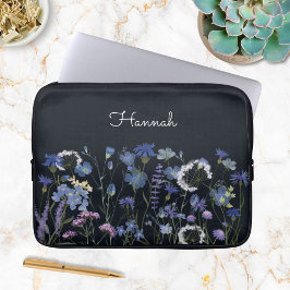 Monogrammed Blauwe Waterverf Wildflower Garden Laptop Sleeve