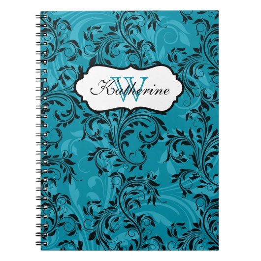 Monogrammed Blauwgroen Black White Scrolls Notitie Notitieboek (Voorkant)