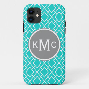 Monogrammed Blauwgroen blauw diamantpatroon Case-Mate iPhone Case
