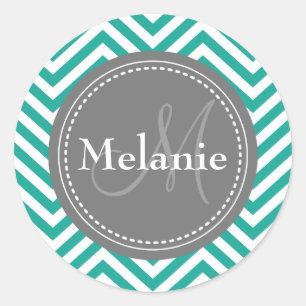 Monogrammed Blauwgroen blauw en grijs zigzag Ronde Sticker
