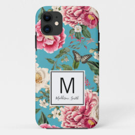Monogrammed Blauwgroen blauw Floral Pattern Case-Mate iPhone Case