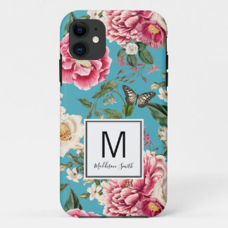 Monogrammed Blauwgroen blauw Floral Pattern Case-Mate iPhone Case