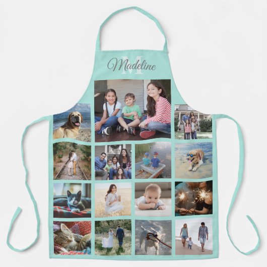 Monogrammed Blauwgroen blauw fotocollage raster Schort (Voorkant)