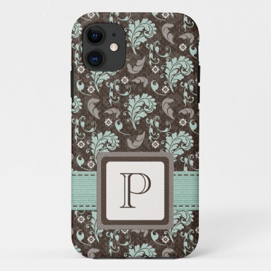 Monogrammed Blauwgroen bruine Damask Case-Mate iPhone Case (Achterkant)