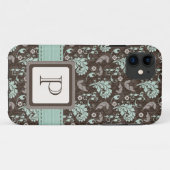 Monogrammed Blauwgroen bruine Damask Case-Mate iPhone Case (Achterkant (horizontaal))