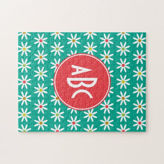 Monogrammed Blauwgroen Daisy Stippen Legpuzzel (Horizontaal)