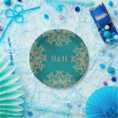 Monogrammed Blauwgroen en Gold Indian Style Weddin Papieren Bordje (Feest)