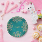 Monogrammed Blauwgroen en Gold Indian Style Weddin Papieren Bordje (Feest)