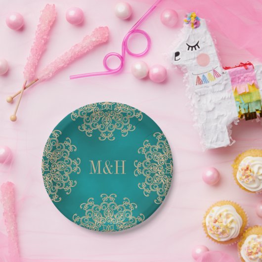 Monogrammed Blauwgroen en Gold Indian Style Weddin Papieren Bordje (Feest)