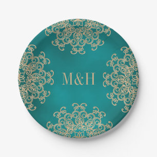 Monogrammed Blauwgroen en Gold Indian Style Weddin Papieren Bordje