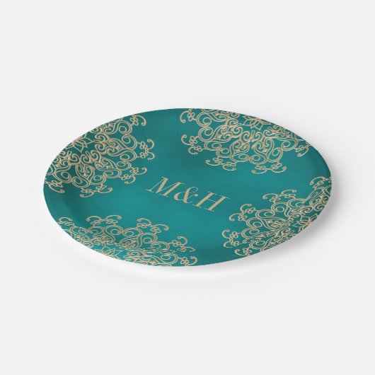 Monogrammed Blauwgroen en Gold Indian Style Weddin Papieren Bordje (Gekanteld)