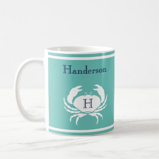 Monogrammed Blauwgroen marineblauw witte krab Koffiemok (Links)