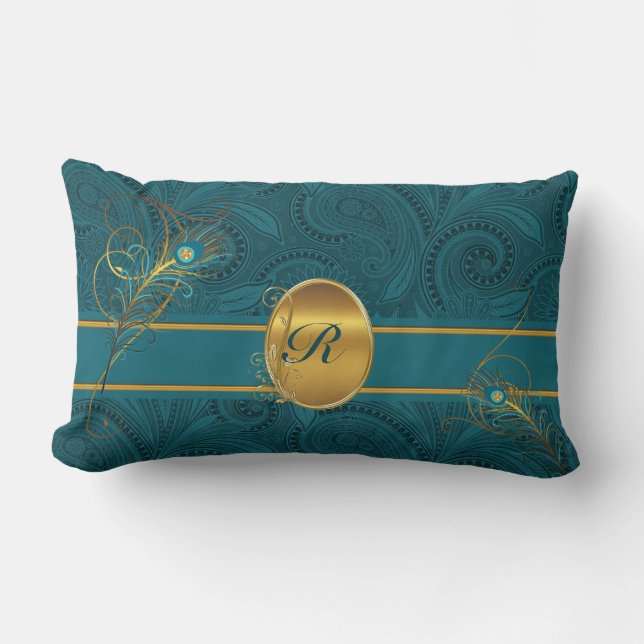 Monogrammed Blauwgroen Peacock met Gold 2-zijdig Kussen (Voorkant)