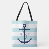 Monogrammed Blue Anchor op mint Stripes Tote Bag (Voorkant)