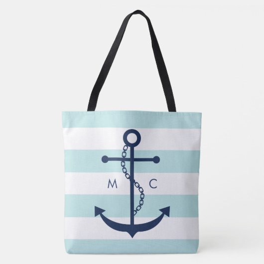 Monogrammed Blue Anchor op mint Stripes Tote Bag (Voorkant)