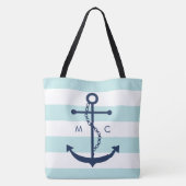 Monogrammed Blue Anchor op mint Stripes Tote Bag (Achterkant)