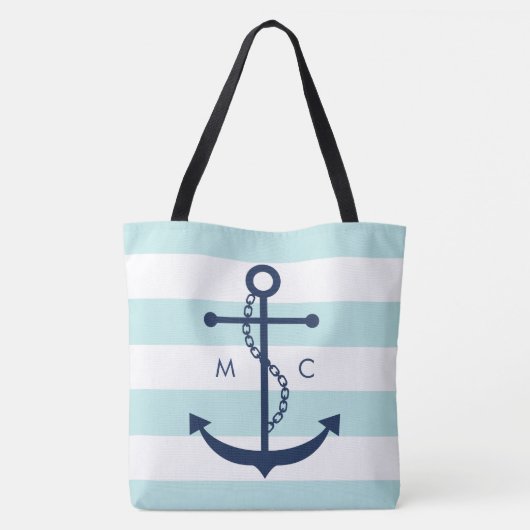 Monogrammed Blue Anchor op mint Stripes Tote Bag (Achterkant)
