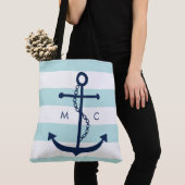 Monogrammed Blue Anchor op mint Stripes Tote Bag (Dichtbij)