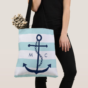 Monogrammed Blue Anchor op mint Stripes Tote Bag