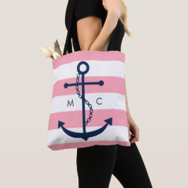 Monogrammed Blue Anchor op roze strepen Tote Bag