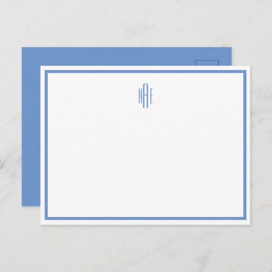 Monogrammed Blue and White Flat Post Kaart (Voorkant / Achterkant)