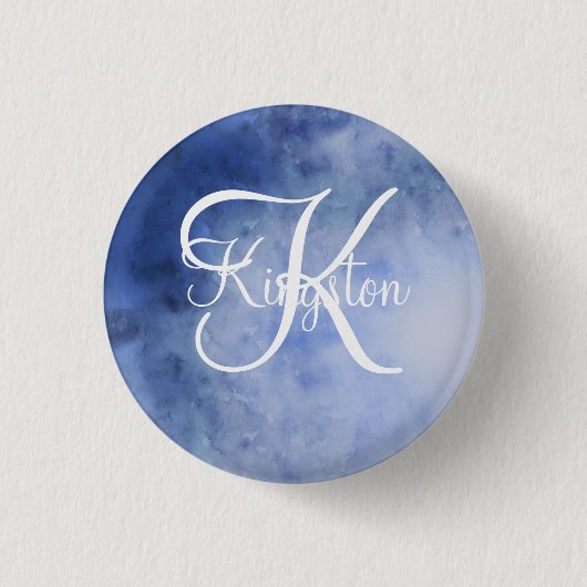 Monogrammed Blue and White Waterverf Ronde Button 3,2 Cm (Voorkant)