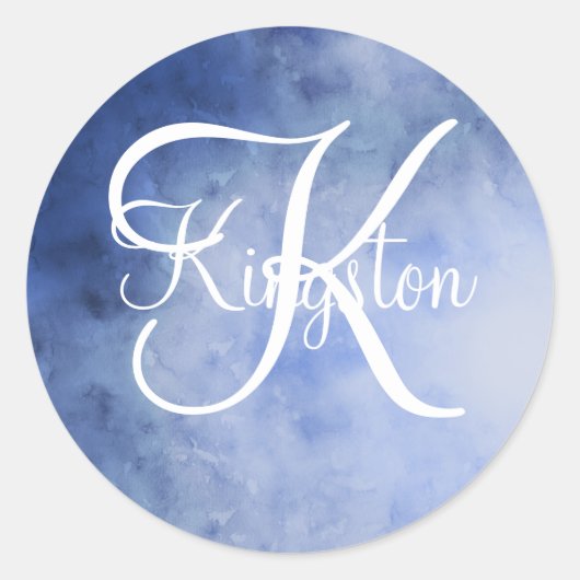 Monogrammed Blue and White Waterverf Ronde Sticker (Voorkant)