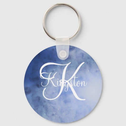 Monogrammed Blue and White Waterverf Sleutelhanger (Voorkant)