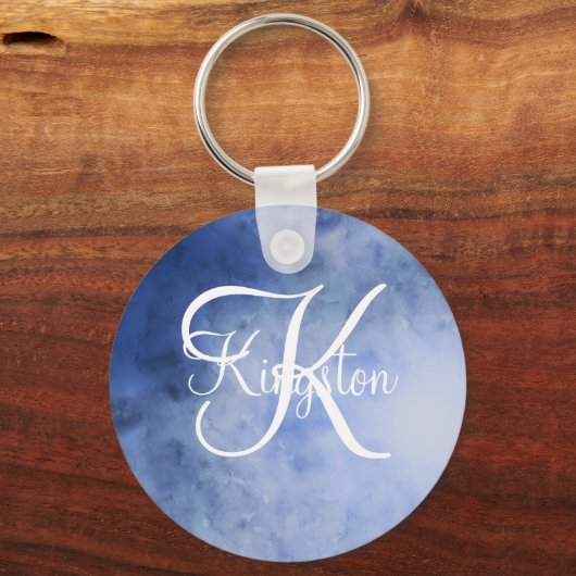 Monogrammed Blue and White Waterverf Sleutelhanger (Voorkant)