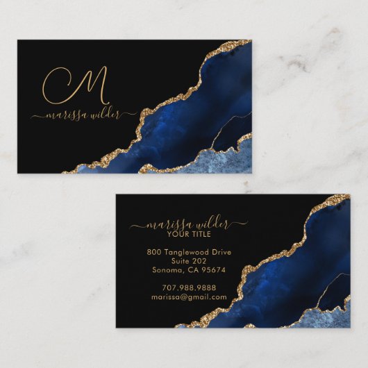 Monogrammed Blue Black Gold Glitter Agate Geode Visitekaartje (Voorkant / Achterkant)