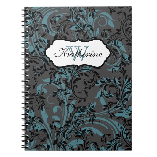 Monogrammed Blue Black Grey Scroll Notitieboek (Voorkant)