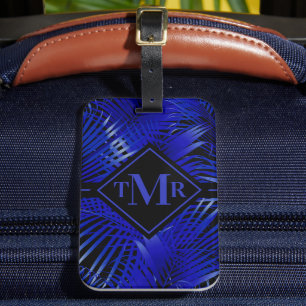 Monogrammed Blue Black Palm Bagagelabel