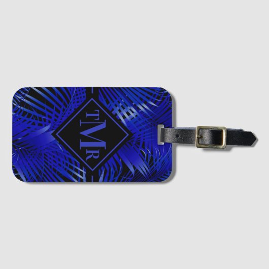 Monogrammed Blue Black Palm Bagagelabel (Voorkant (horizontaal))