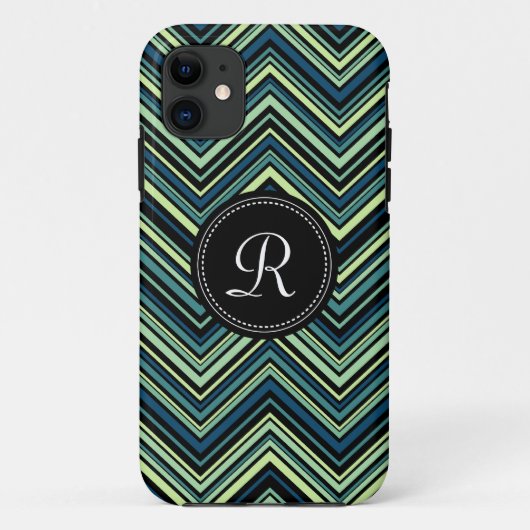 Monogrammed Blue Black Tribal Chevron Pattern Case-Mate iPhone Case (Achterkant)