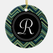 Monogrammed Blue Black Tribal Chevron Pattern Keramisch Ornament (Voorkant)