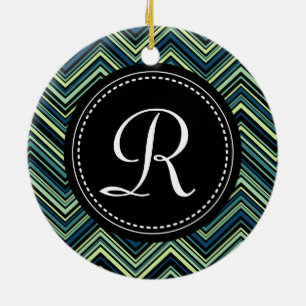 Monogrammed Blue Black Tribal Chevron Pattern Keramisch Ornament