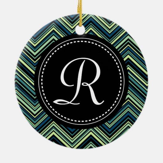 Monogrammed Blue Black Tribal Chevron Pattern Keramisch Ornament (Achterkant)