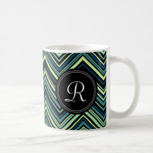 Monogrammed Blue Black Tribal Chevron Pattern Koffiemok