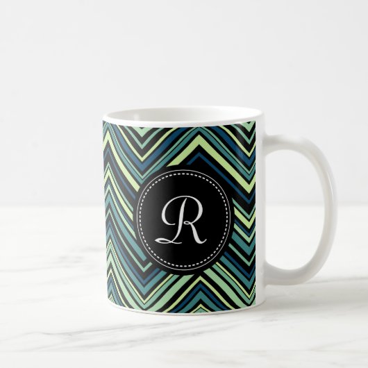 Monogrammed Blue Black Tribal Chevron Pattern Koffiemok (Rechts)