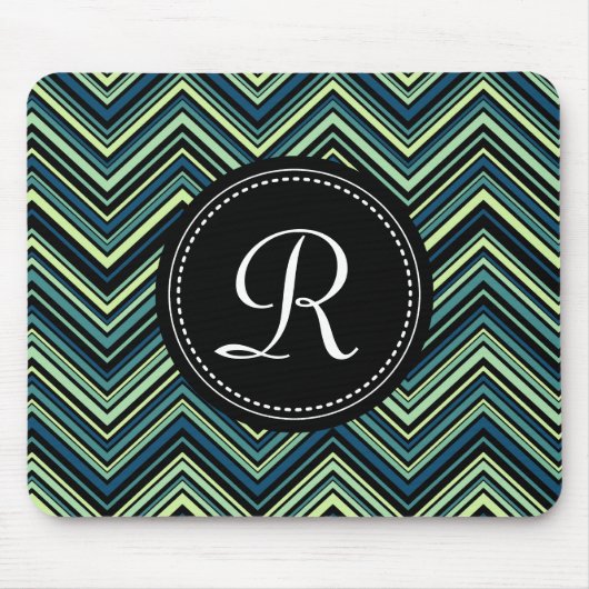 Monogrammed Blue Black Tribal Chevron Pattern Muismat (Voorkant)