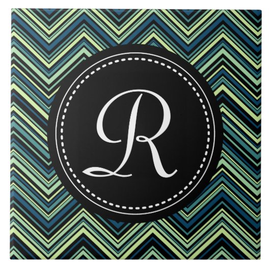 Monogrammed Blue Black Tribal Chevron Pattern Tegeltje (Voorkant)