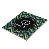 Monogrammed Blue Black Tribal Chevron Pattern Tegeltje (Zijkant)