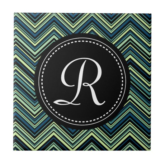 Monogrammed Blue Black Tribal Chevron Pattern Tegeltje (Voorkant)