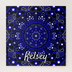 Monogrammed Blue, Black & White Mandala Pattern Legpuzzel