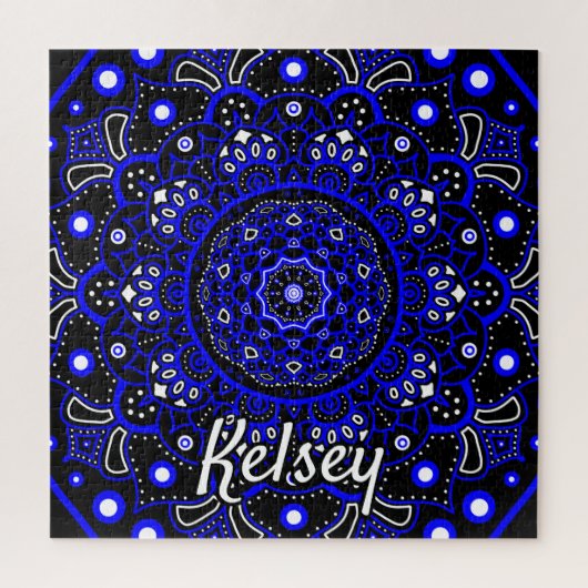Monogrammed Blue, Black & White Mandala Pattern Legpuzzel (Verticaal)