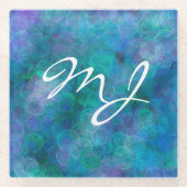 Monogrammed Blue Bokeh Abstracte digitale kunst Glazen Onderzetter (Voorkant)