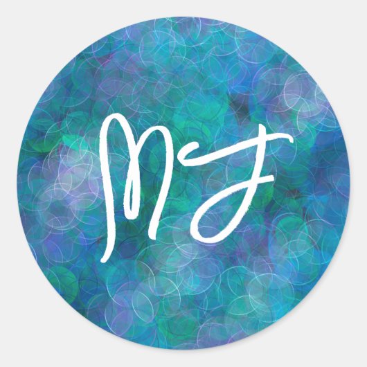 Monogrammed Blue Bokeh Abstracte digitale kunst Ronde Sticker (Voorkant)