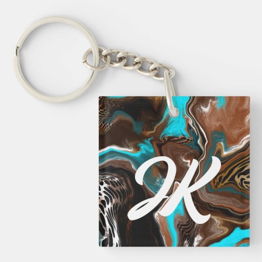 Monogrammed Blue, Brown and Black Abstract Art Sleutelhanger (voorkant)